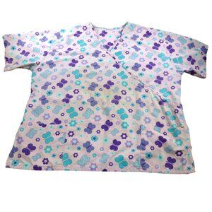Butterfly & Floral Print V-Neck 2XL Scrub Top With Pockets - Pastel Colors
